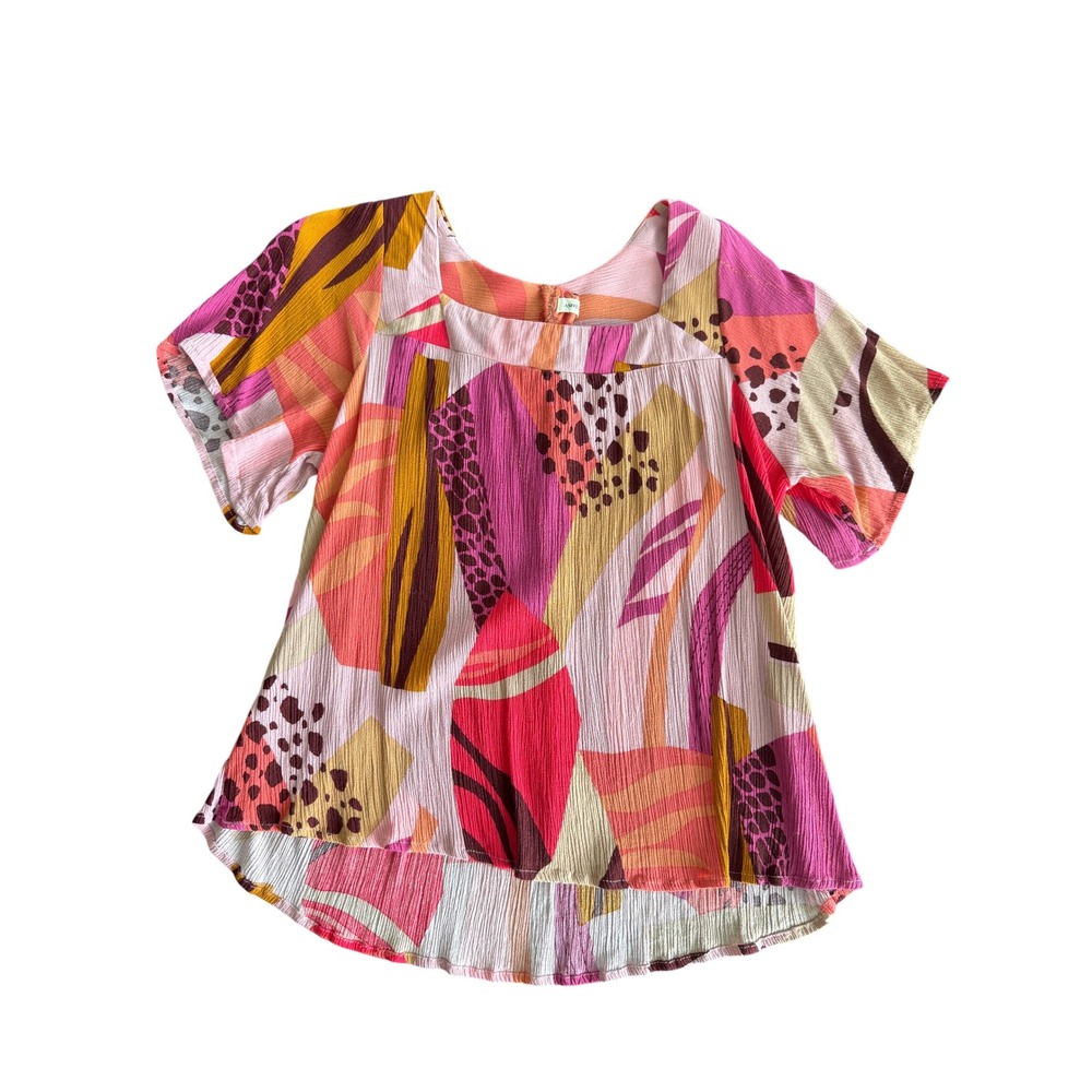And the Why Square Neck Short Sleeve Blouse Abstract Multi Pink Small